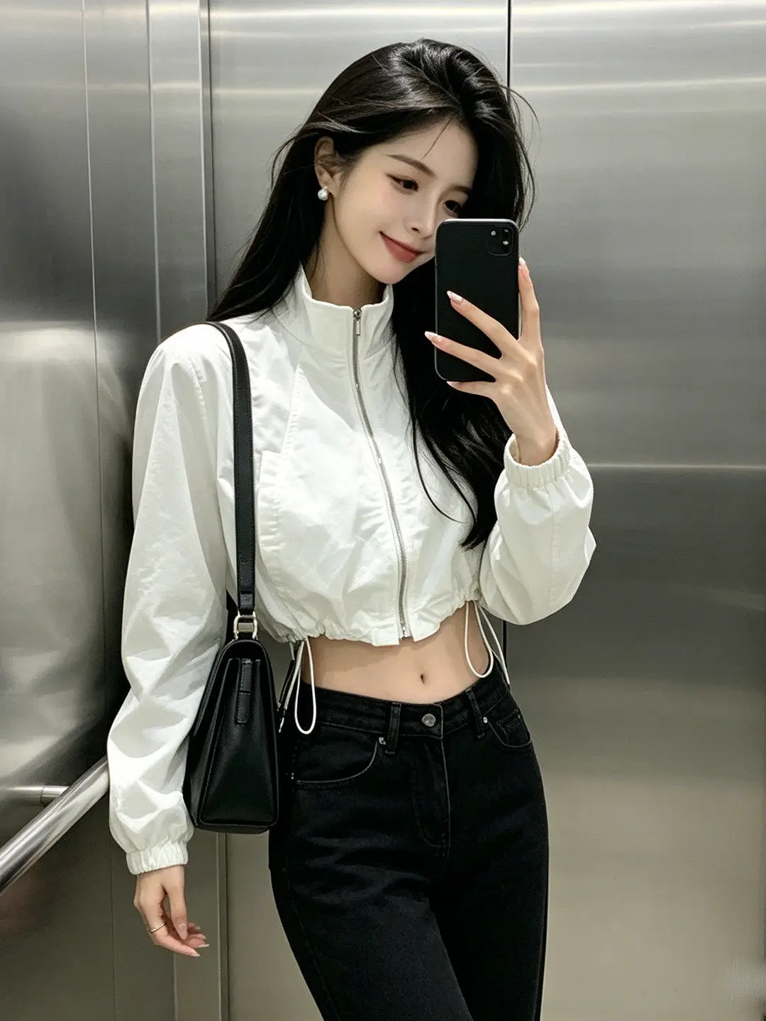 

Korean Style Stand Collar Drawstring Zipper Long Sleeve Women's Summer Sport Jacket Short Length Sun Protection UV Resistant Top