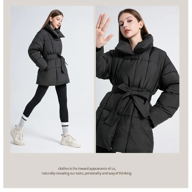 Advanced with Waist Cinching Tie Up Black Cotton Jacket Women's 2026 Winter New Korean Version Stand Collar Coat Female Parkas