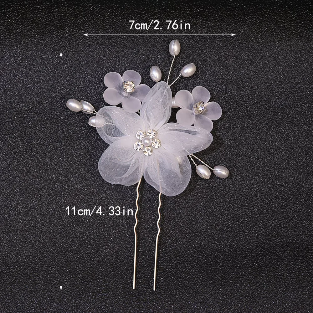 2-Piece White Organza Flower Wave U-Shaped Hair Fork Hairpins, Suitable for Wedding Bridal Updo and Photo Hairstyle Decoration image 6