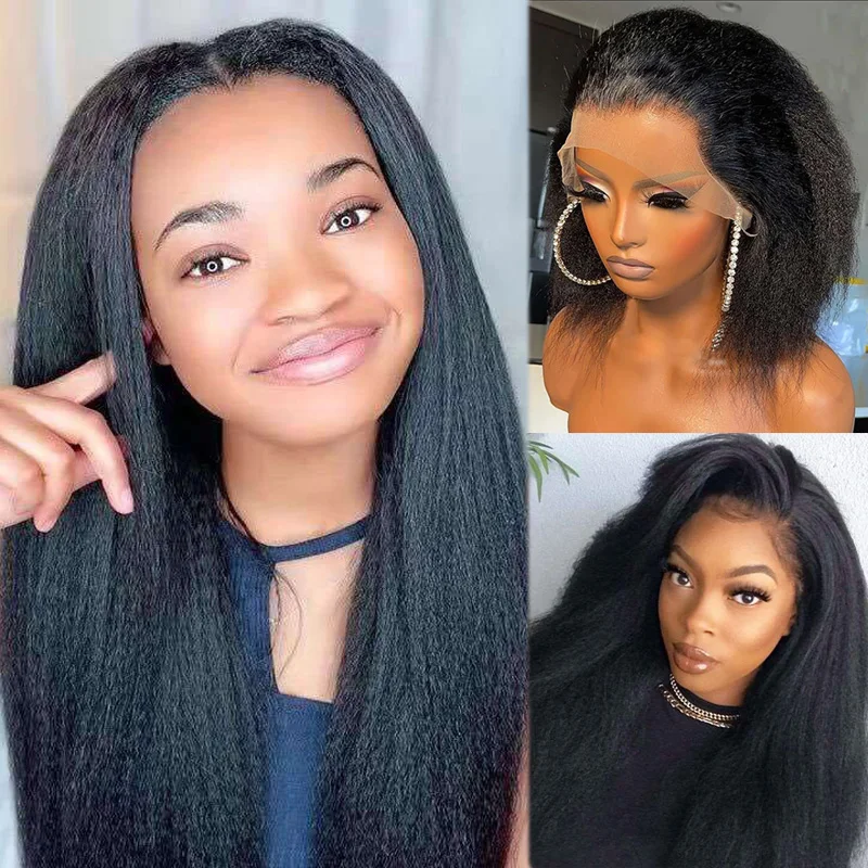 

Bob Synthetic Lace Front Yaki Wigs Pre Plucked Short Kinky Straight Wigs for Women Soft Daily Glueless Wigs Makeup Wigs