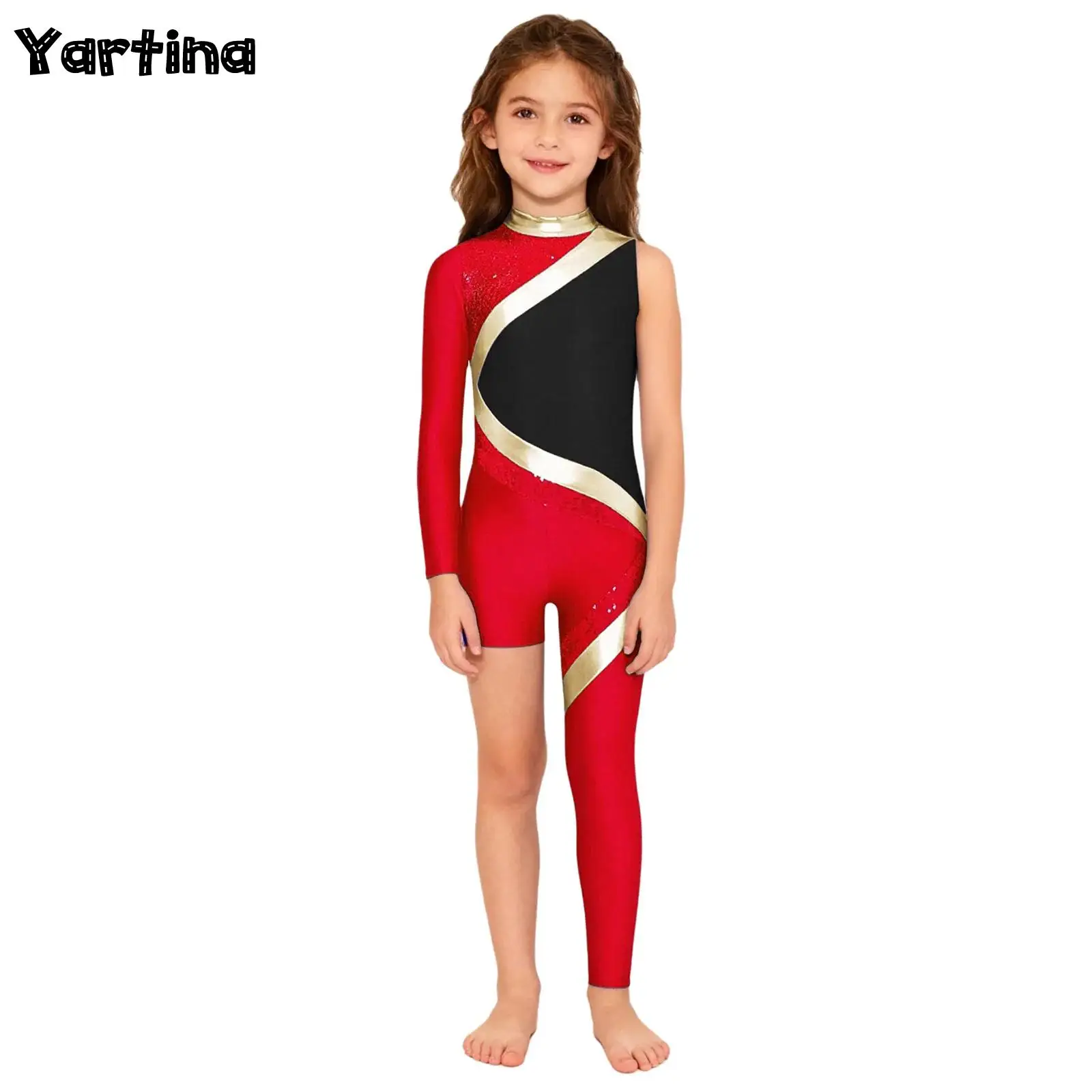 

Детский гимнастический трико для фигурного катания для девочек, балетный трико для танцев, костюм-купальник с блестящими пайетками, асимметричный комбинезон-комбинезон