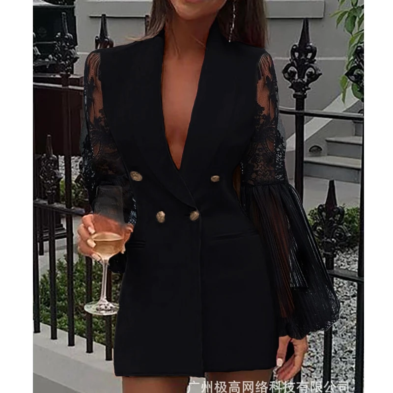 Women Suit Dress Summer Sexy Lace Mesh Sheer Long Sleeve Stitching Dress Women's Casual Double Breasted Slim Solid Color Dress