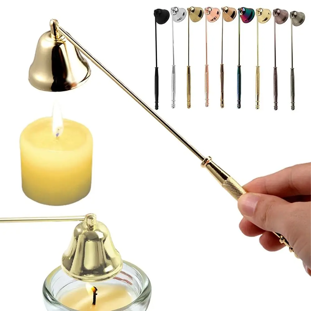 Extintor de velas de acero inoxidable, cubierta antideslizante con forma de campana, tapón para velas, apagador de mecha con mango largo, apagador de llama para velas