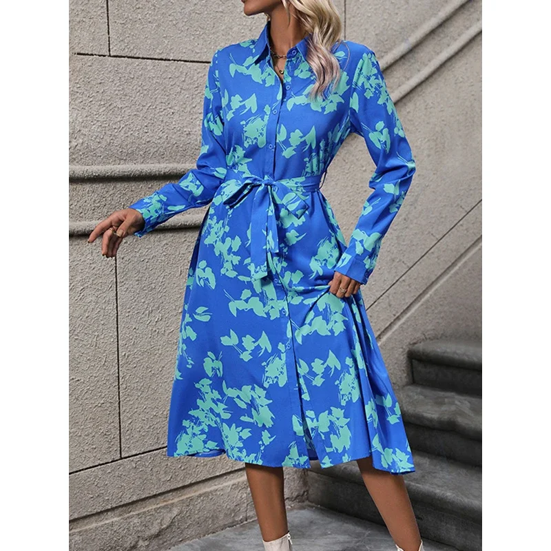 Tinaa Women's Blue Printed Midi Dresses 2024 Fashion Tied Waist Split-Joint Printed Loose Long Sleeves Lapel Shirt Dress