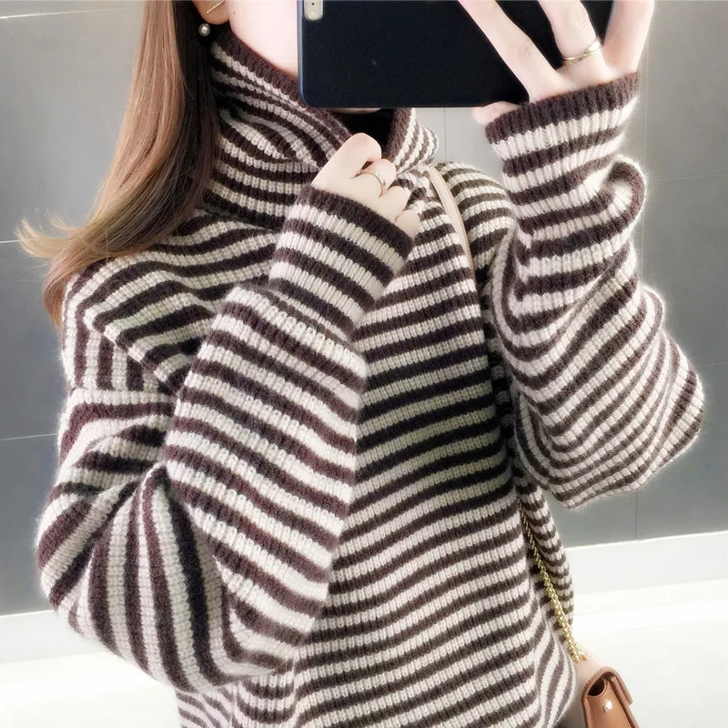 

Turtleneck Knitted Striped Sweaters for Women, Loose and Thicken Pulls, Warm Tops, Fashion Outwear, Winter, New, 2022