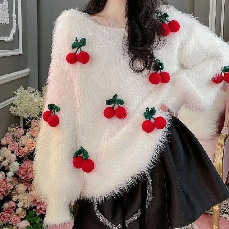 Winter White Fluffy Mohair Knit Pullovers Loose 3D Cherry Thickened Mink Cashmere Furry Sweater Knitwear Jumper O-Neck Tops 2022