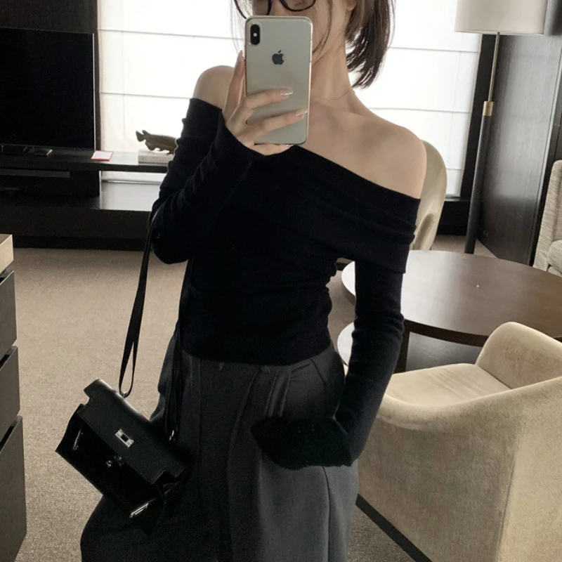 Pullovers Women Spring Girls Off Shoulder Skinny Korean Style Long Sleeve Designed Solid Simple Leisure All-match Pleated Soft