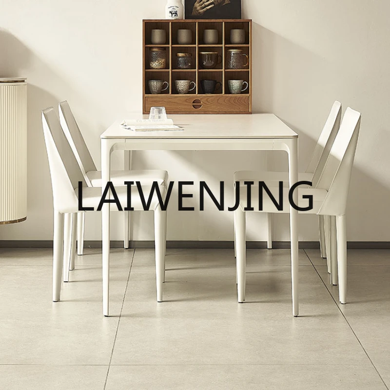 

RWJ Cream Style Stone Plate Rectangular Pure White Dining Table Aluminum Alloy Dining Tables and Chairs Set