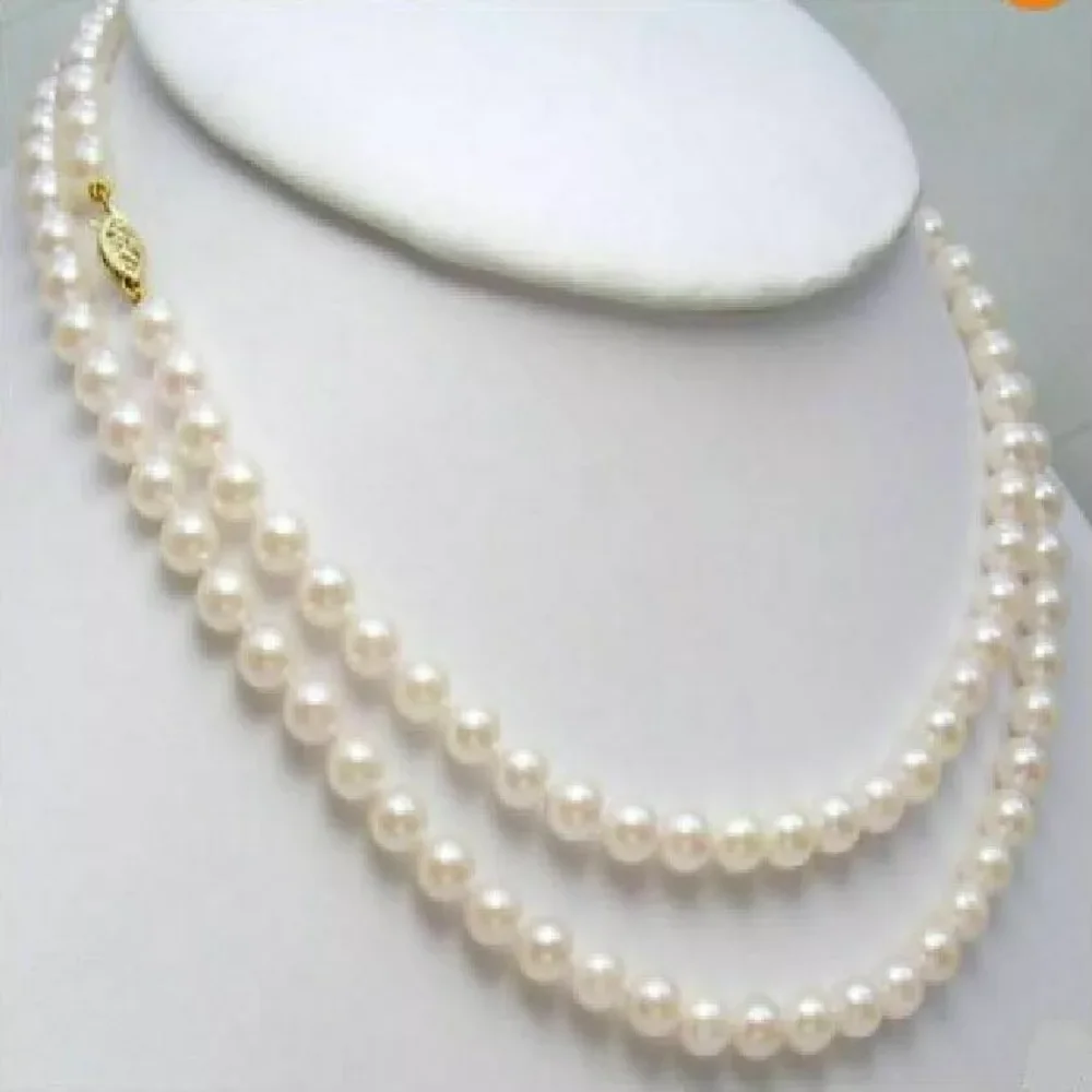 Beautiful pearl necklace AAA7-8mm Japanese white natural round pearl necklace with 14K gold buckle, 36 inch -20 inch