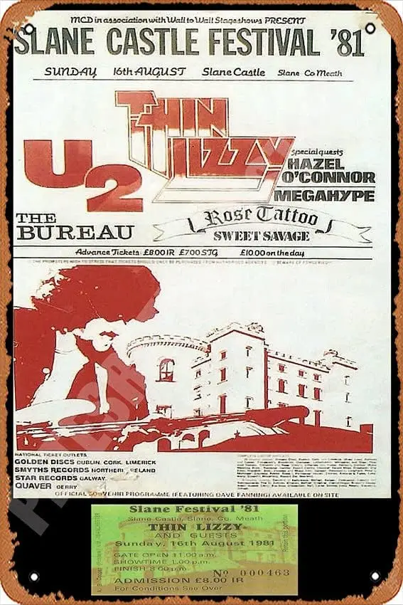 Thin Lizzy Vintage Concierto + Ticket Slane Castle 1981 - Póster |   Lienzo con impresión artística de pared, cartel de estaño de Metal Vintage, Garag Retro