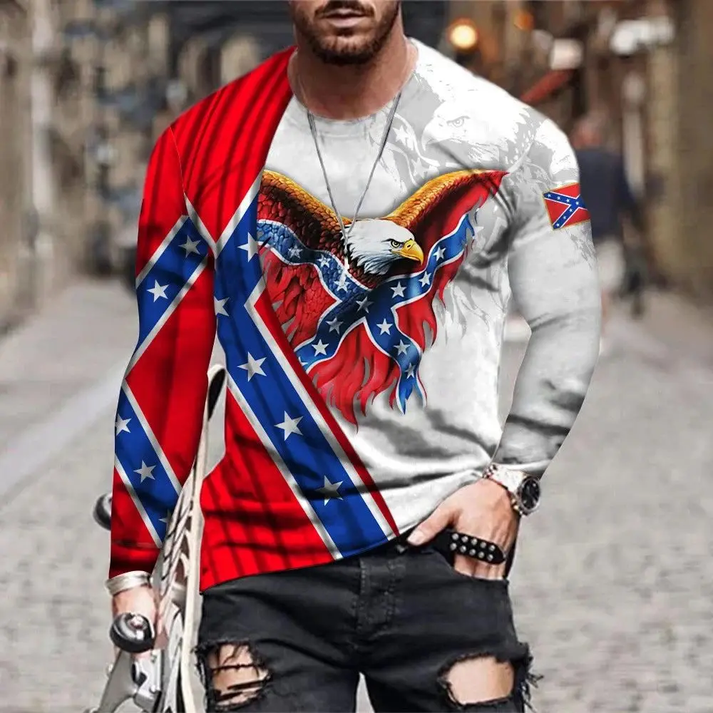 Men Spring Autumn American Flag Eagle Print T-Shirt Fashion Personality Interesting Large Size Round Neck Long Sleeve Loose Top