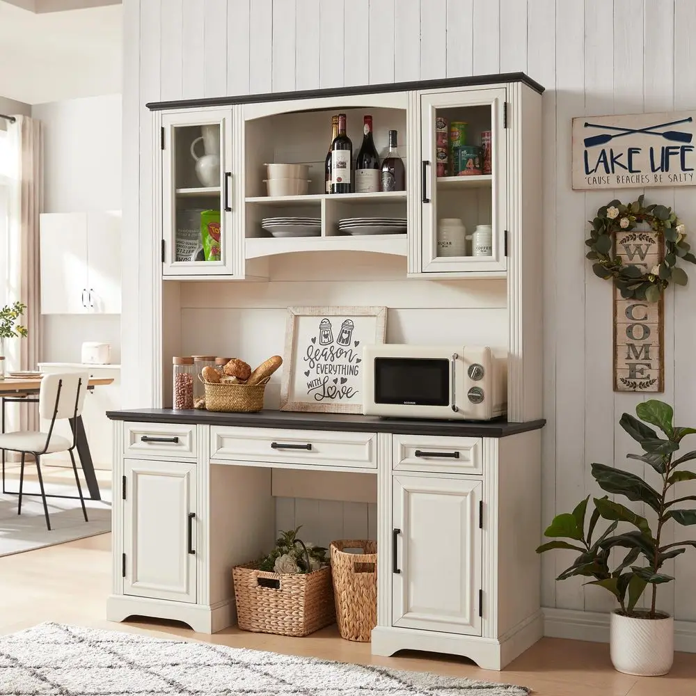 

Farmhouse 58 Large Bar Cabinet with Hutch, 76 Height Storage Cabinet, Coffee Bar, Buffet Sideboard, Kitchen Hutch Pantry for Ki