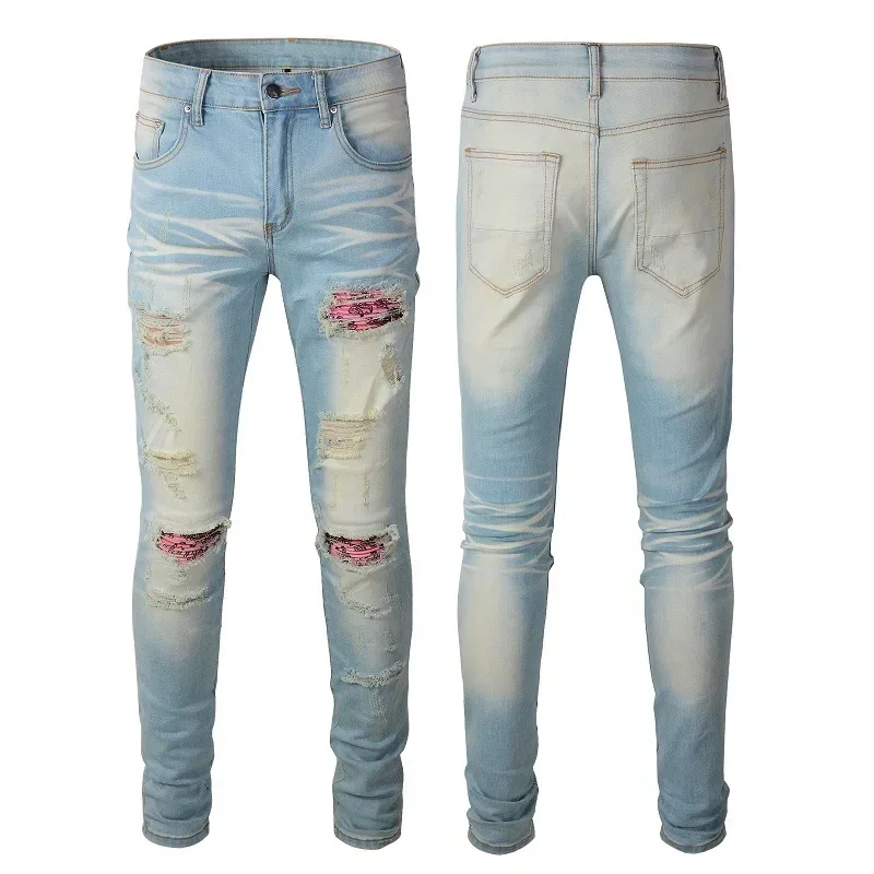 European and American Fashion Men's Street Jeans, New Style Ripped Messy Thread Patchwork Elastic Ankle-Length Jeans Pants