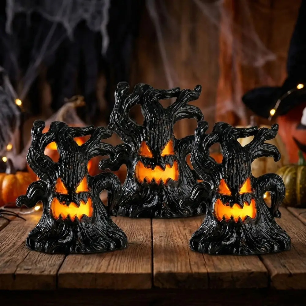 Resin Halloween Monster Tree Light Ornament Glow Effect Mini Tree Stump LED Ghost Decor Lights Spooky Simulated Tree