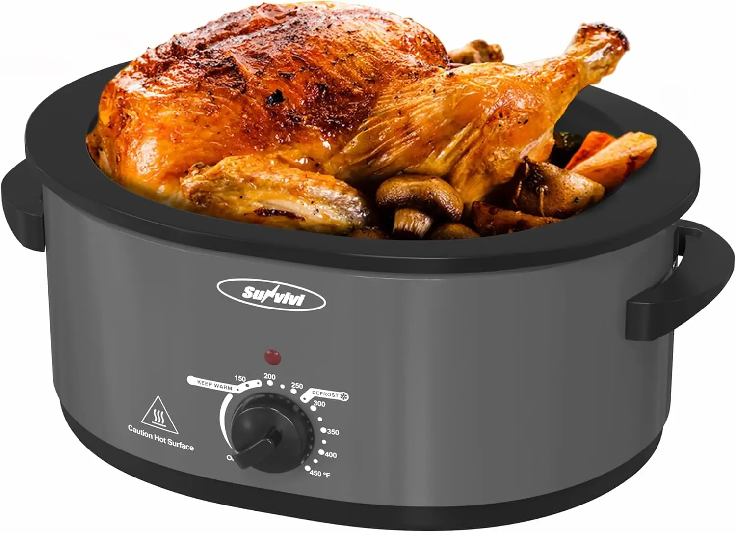 

Slow Cooker with Self-Basting Lid, Electric Turkey Roaster Oven with Removable Pan and Rack, Stainless Steel, Grey, 8 QT