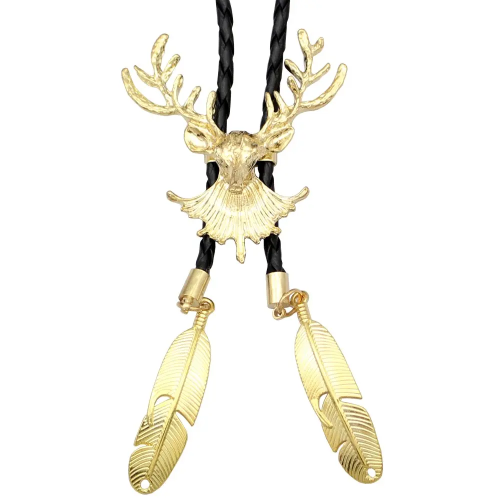

Western Cowboy Deer Head Horn Antler Stag Feather Rodeo Leather Bolo Tie Jewelry for Men Necktie Fashion Costume Accessories