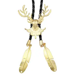 Western Cowboy Deer Head Horn Antler Stag Feather Rodeo Leather Bolo Tie Jewelry for Men Necktie Fashion Costume Accessories