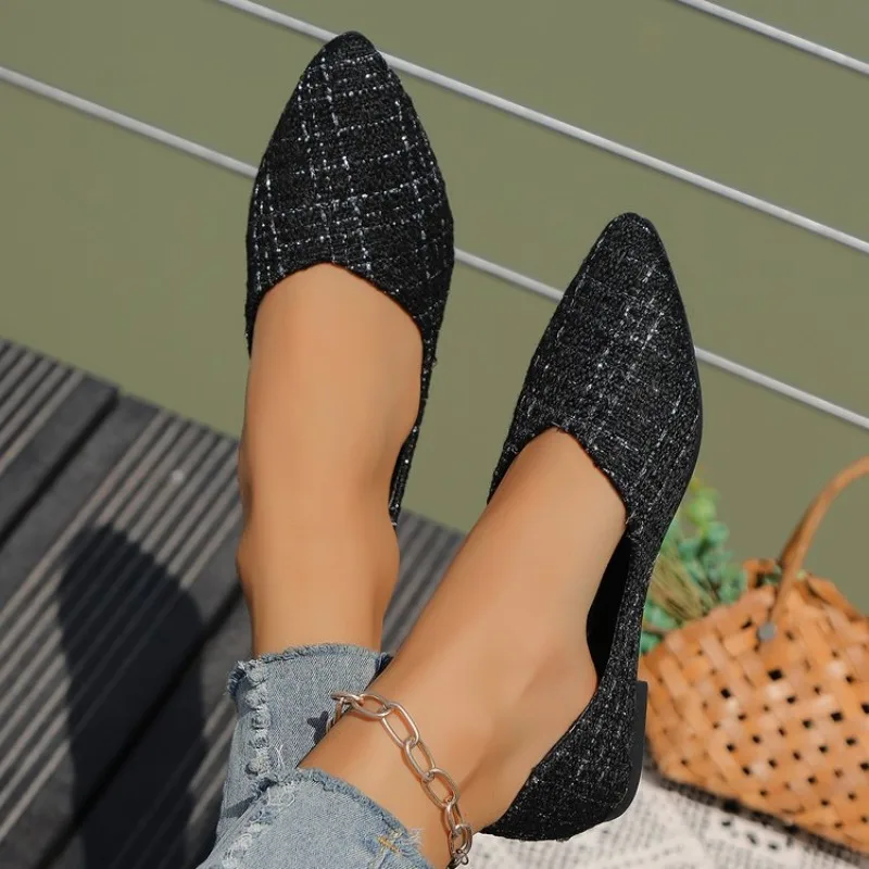 Large Size Single Shoe Women's 2025 Spring/summer New Pointed Fashion Plaid Shallow Mouth Flat Bottomed Bean Women's Shoes