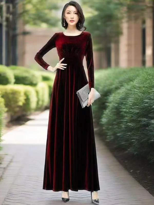 

plus Size Velvet Long Sleeve Dress Wedding Ceremony Casual High Waist A-Line Skirt Gold Velvet Dress for Mommy And Grandma