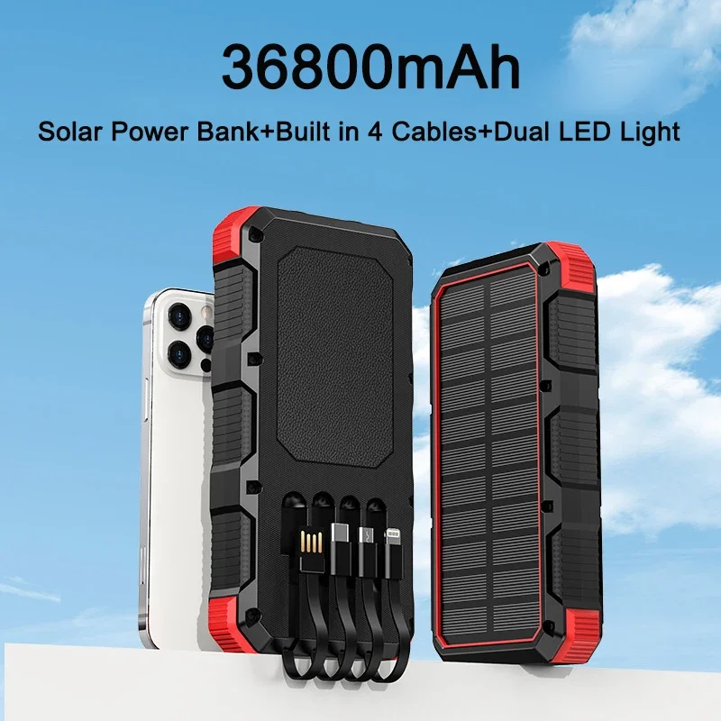 Banco de energía Solar de gran capacidad, cargador inalámbrico portátil de 36800mAh con Cable de luz LED para iPhone 14, Samsung y Xiaomi