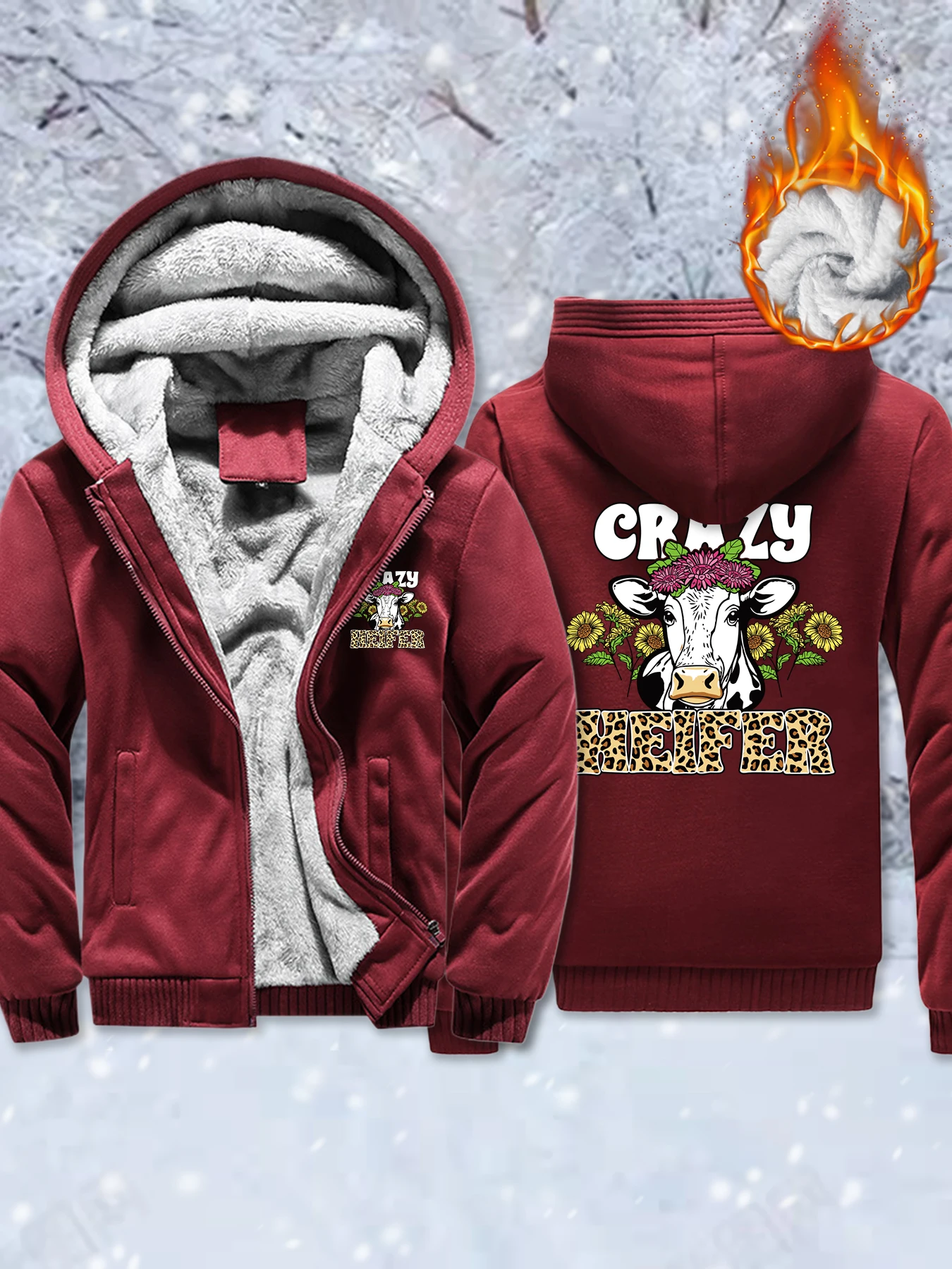 

Crazy Flowers Heifer Design Thicken Coats Men Fashion Loose Jacket Pocket Winter Streetwear Casual Fleece Zipper Unisex Hoodies