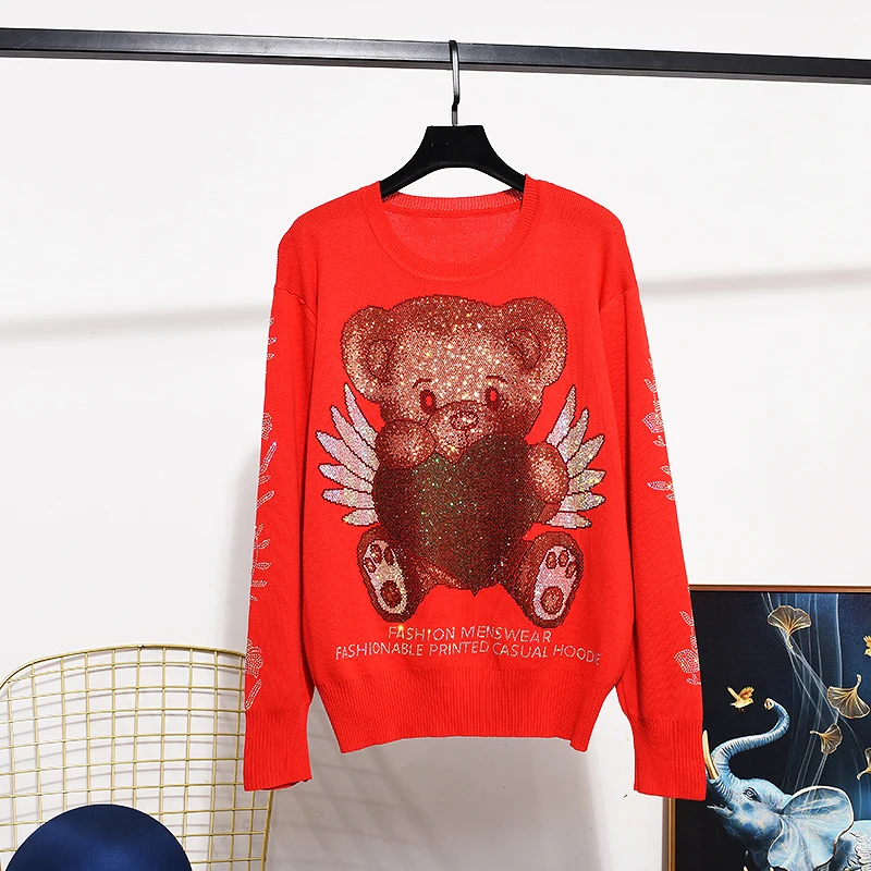 Red Knitted Two-piece Sets for Women Autumn Cartoon Hot Driilling Loose Pullover Top Casual Sweaters + Sports Harem Pants Suits