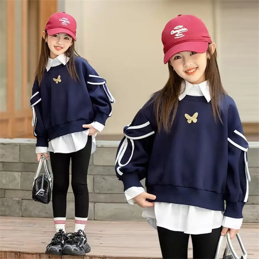 Faux Two Piece Girls Sweatshirt Layered Hem Preppy Style Faux Layered Sweatshirt Bow Sleeve Accents Navy Collar Pullover