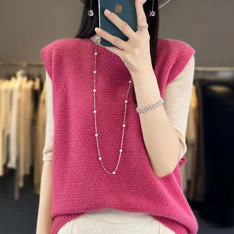 

Autumn New Women's Wool Knitted Round Neck Vest Loose Sleeveless Bottoming Vest Waistcoat