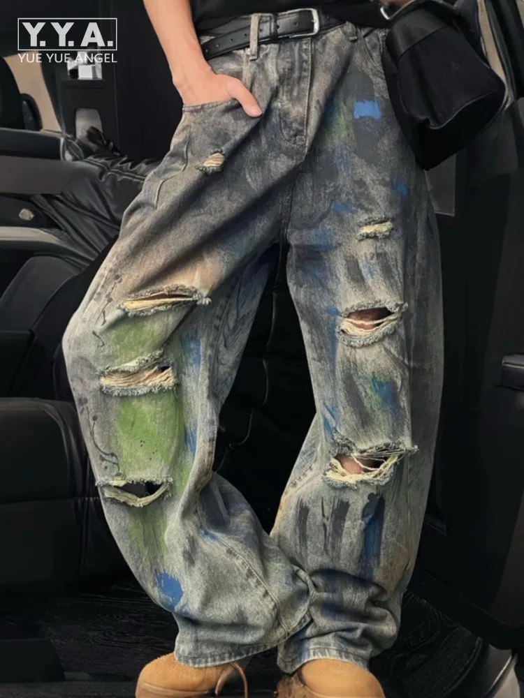 

Men Vintage Hole Graffiti Personality Design Fashion Jeans Loose Fit Casual Straight-Leg Pant Youthful Full Long Denim Trousers