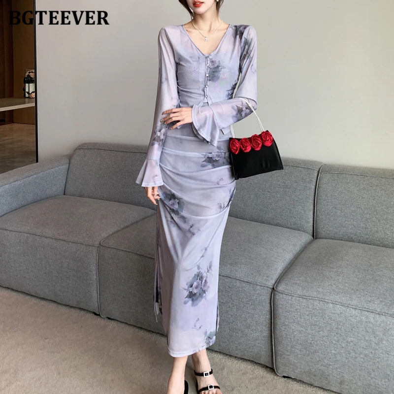 

BGTEEVER винтажное тонкое женское платье наряды с длинным рукавом кардиганы и облегающее платье с цветочным рисунком весна лето Дамский комплект из 2 предметов