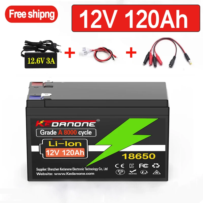 

Батарея 12 В, 120 Ач, литиевый аккумулятор 18650, аккумуляторная батарея для солнечной энергии, аккумулятор электромобиля + зарядное устройство 12,6 В, 3 А