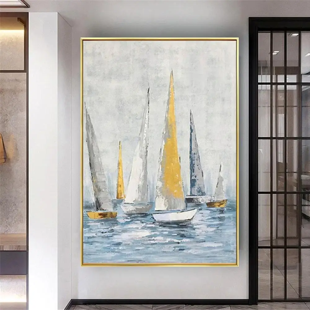 Handmade Large Abstract Sailboat Oil Painting on Canvas  Unique Landscape Wall Art for Living Room Decor