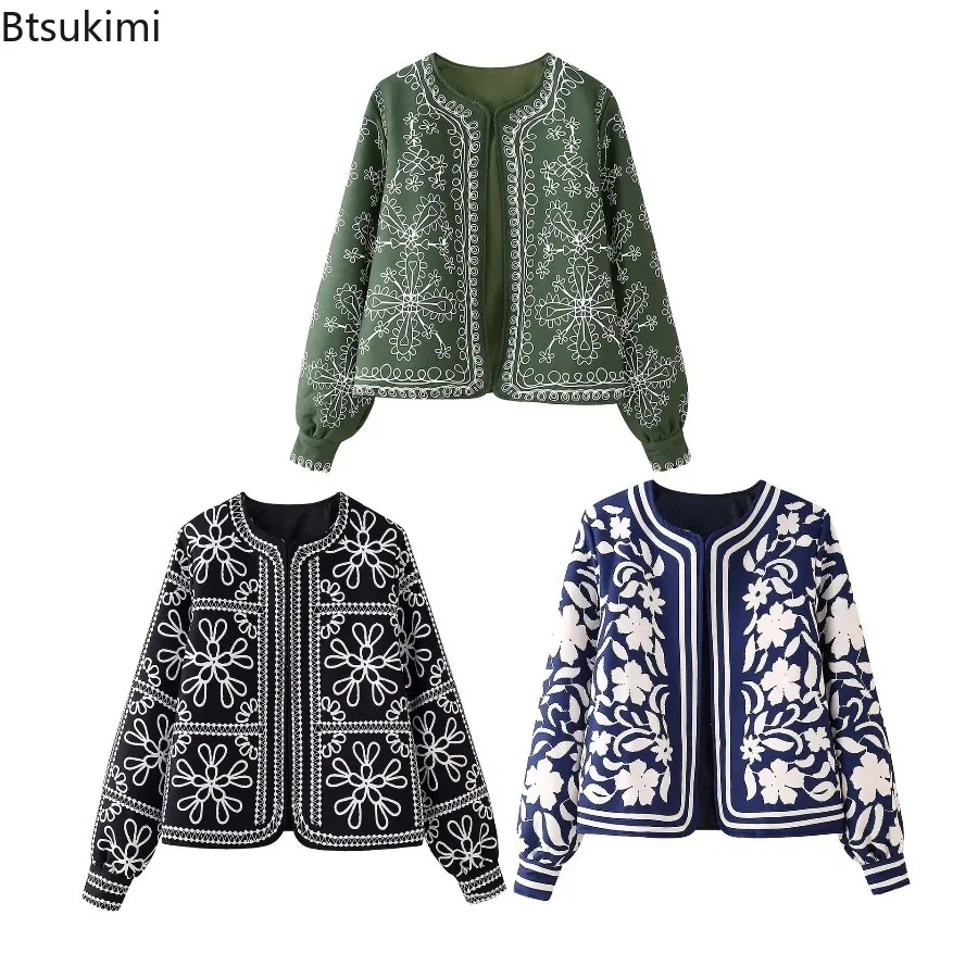 Fashion Floral Printing Cardigan Warm Jacket for Women 2025 Autumn Winter Round Neck Long Sleeve Coats Elegant Street Outerwear