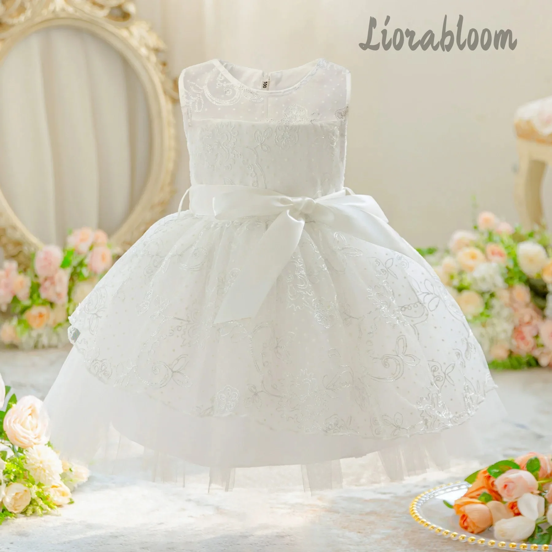 Custom Multi-Color Flower Girl Dress Custom Formal Knee-Length Dress with Large Bow Long Gown with Pleated Hem - view 2