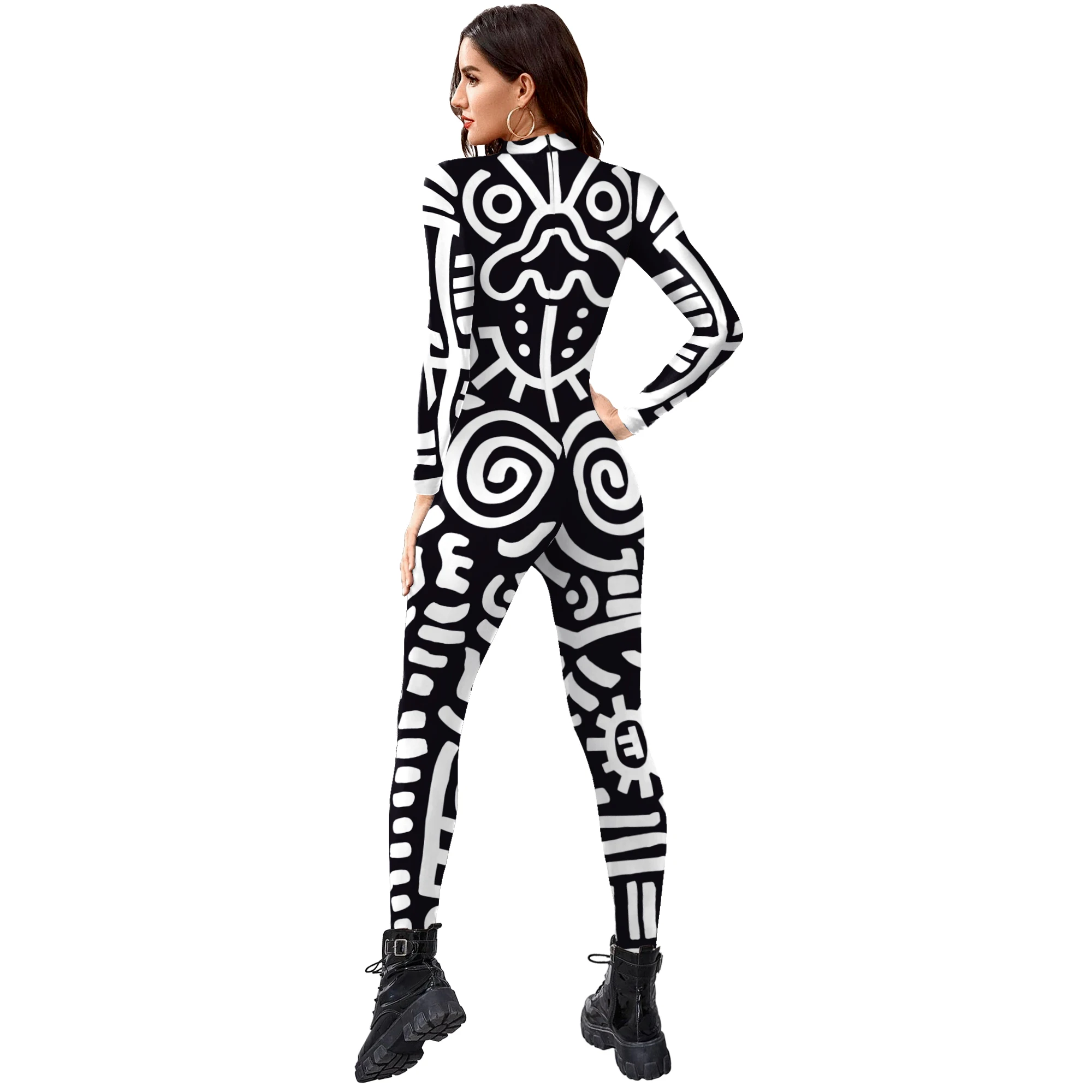 Zawaland Women Fashion Jumpsuit Long Sleeve Abstract Printing Party Bodysuit Holiday Party Funny Cosplay Costumes Performance