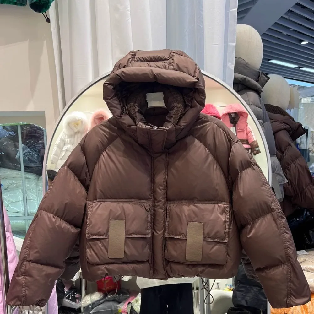 White Duck Down Coat Bread Parka New Down Jacket Women Stylish Cropped Hooded Winter Puffer Jacket Long Sleeve Thicken Loose