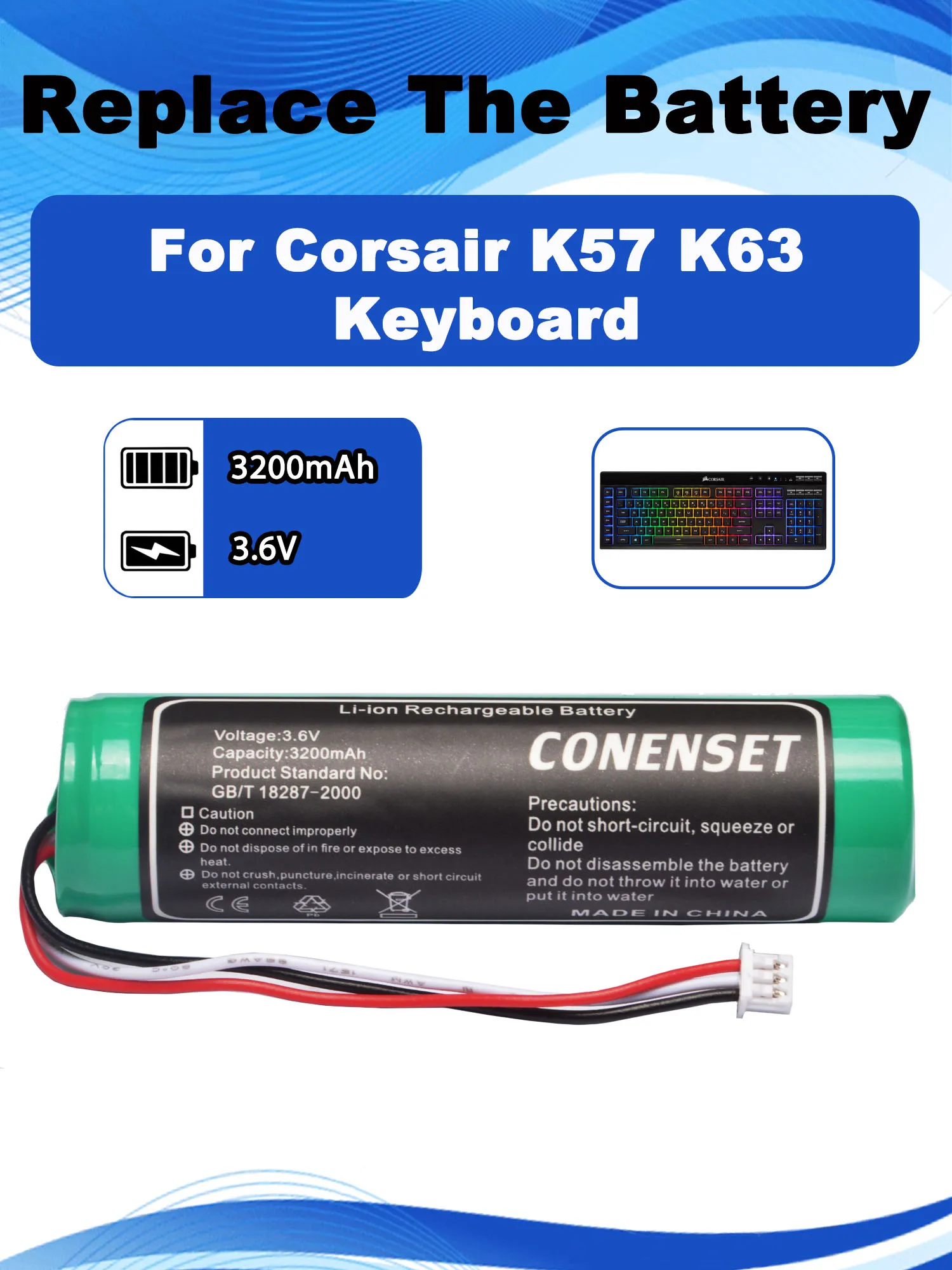 بطارية بديلة 3.6 فولت 3200 مللي أمبير في الساعة للوحة مفاتيح الألعاب اللاسلكية Corsair K63 K57 RGB #1