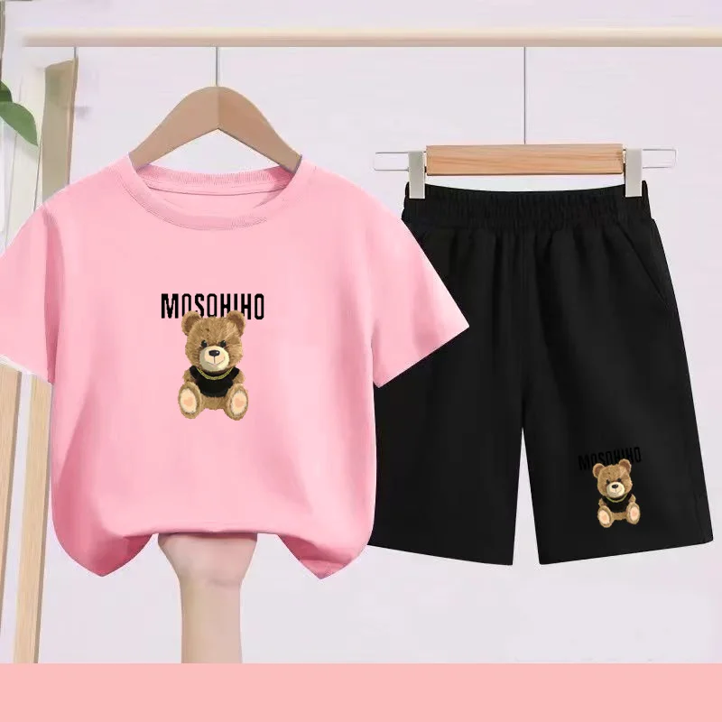 

2026 Summer Children's Pink T-Shirt + Shorts Set with Bear Print for Boys and Girls (Ages 3-12) Casual Sports Clothing