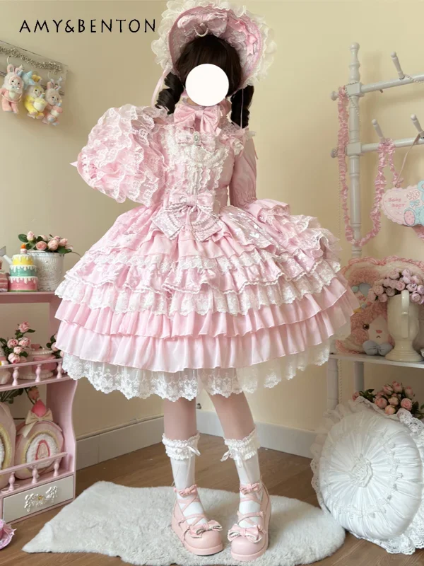 Styl Lolita JSK sukienka na szelkach kobiety słodki temperament przemysł ciężki wielowarstwowa sukienka Tutu rozszerzany rękaw koszula sukienka zestawy