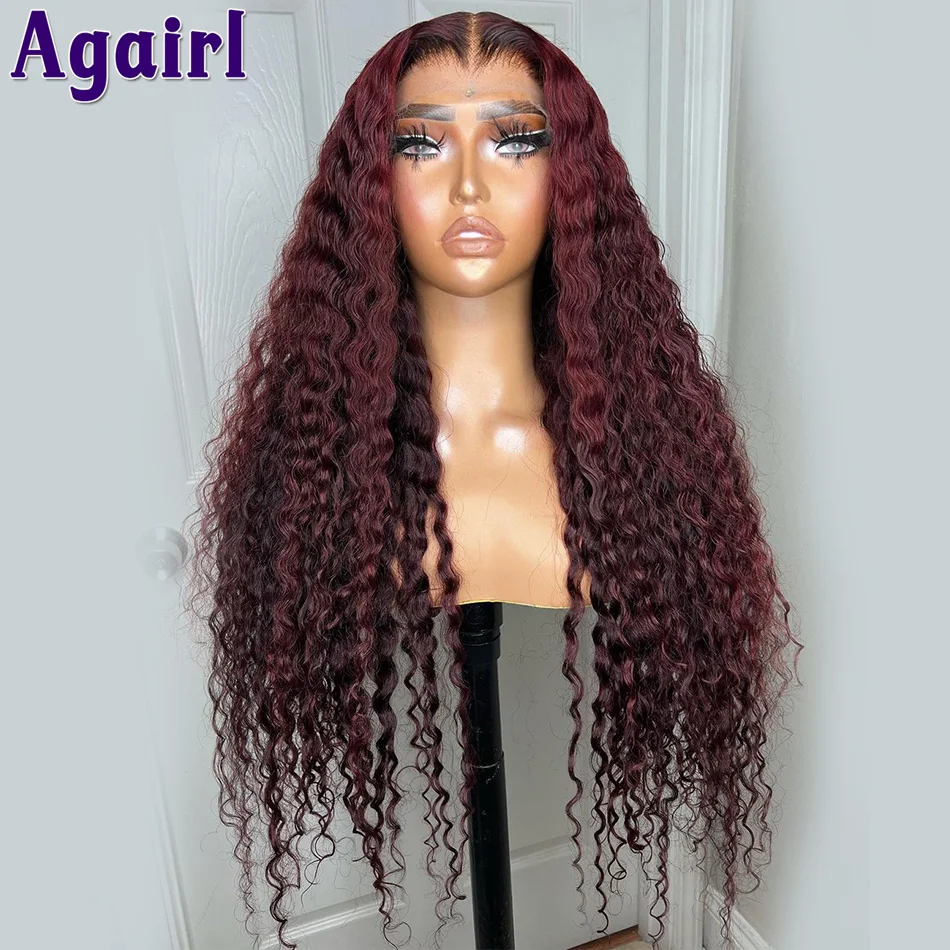 Transparent 13X6 13X4 Lace Frontal Wigs Dark Red with Burgundy Highlights Deep Wave Human Hair Wigs for Women Water Wave Wigs