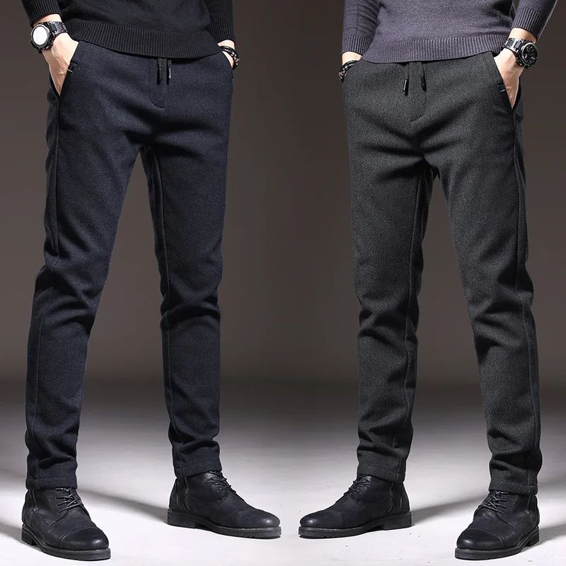

Autumn Winter Casual Pants Men Thick Business Work Drawstring Elastic Waist Slim Cotton Black Grey Trousers Male Plus Size 38