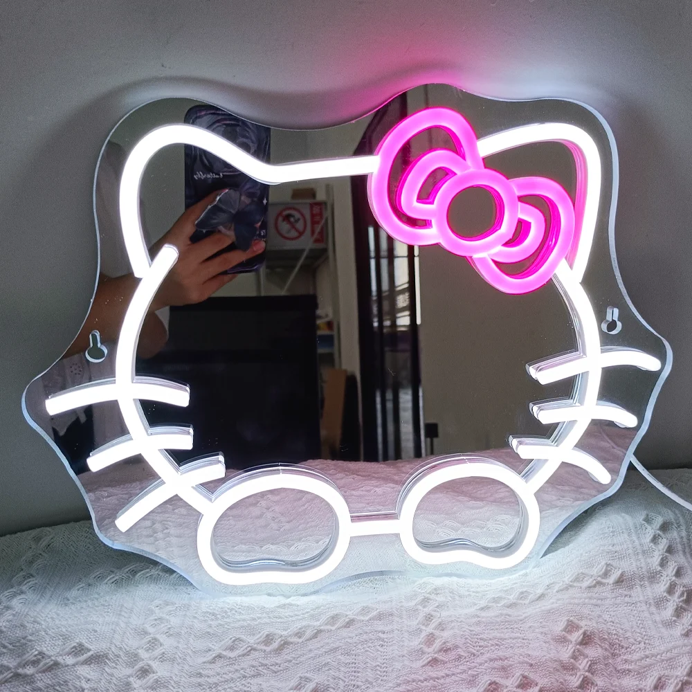 Hello Kitty Neon Led Mirror Light Usb Dimmable Powered Kawaii Anime Neon Sign Wall-Mounted Decor For Bedroom & Home