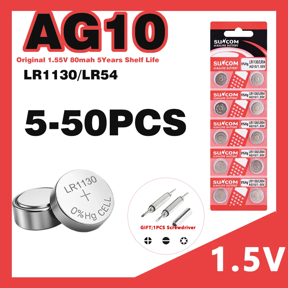 5-50PCS AG10 LR54 1.55V 80mAh Cell Coin  SR54 389 G10189 LR1130 SR1130 V10GA Alkaline Button Batteries for Watch Toys Remote