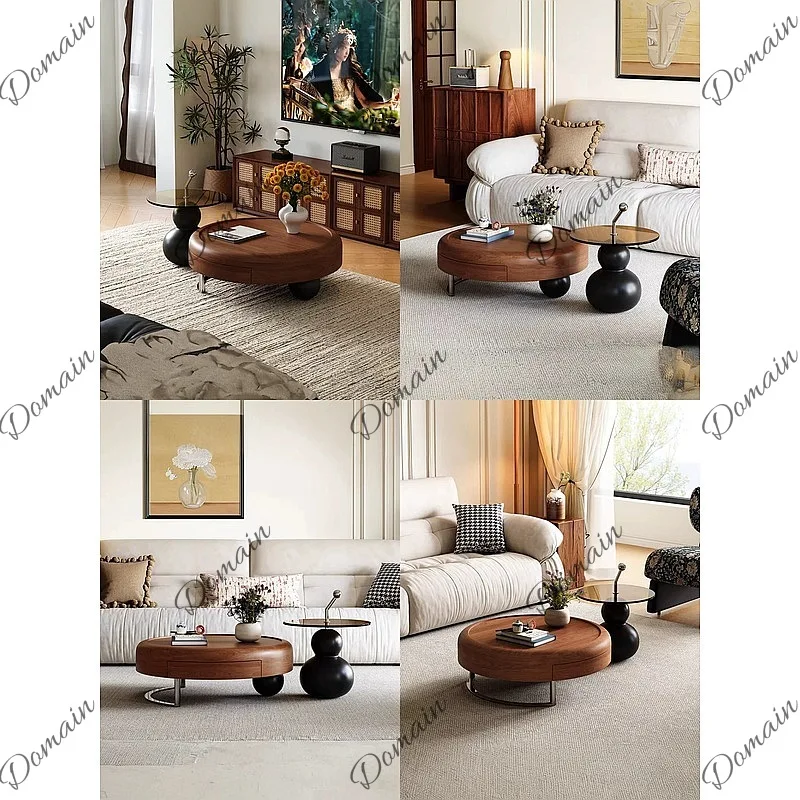 Retro Mid-Century Solid Wood Round Coffee Table, Modern Minimalist Italian Luxury Design for Small Living Room