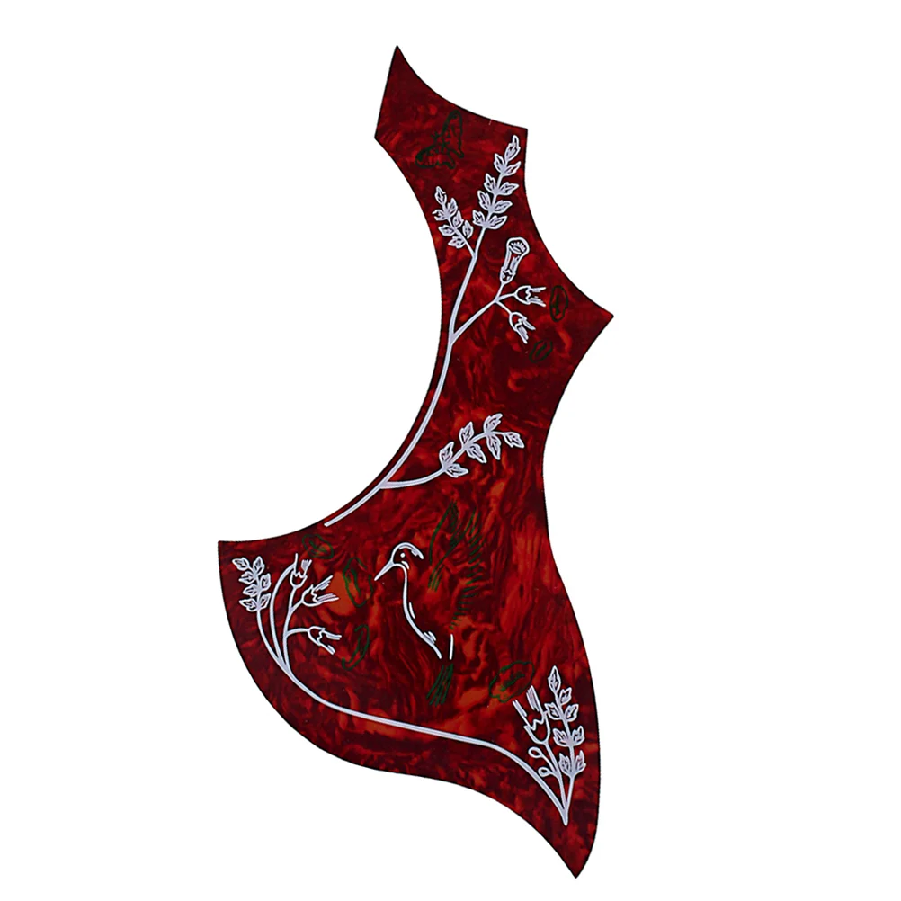 Flower and Bird Pattern Wing Shaped Guitar Pickguard Self-adhesive Pick Guard Sticker for Acoustic Guitar (Dark Red)