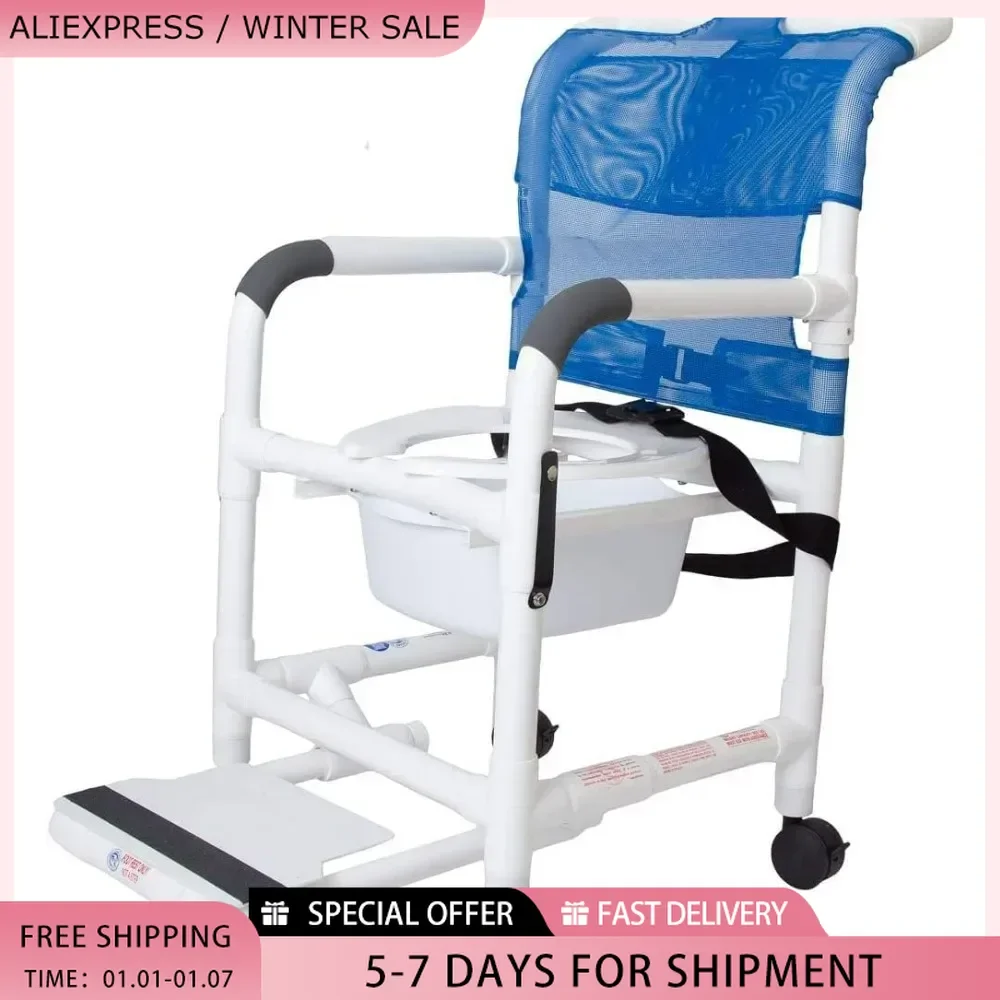 Rolling Shower Chair with Drop Arms, Mesh Seat, Locking Casters,  Slide Out Footrest and Commode Pail  Fits Over Standard Toilet