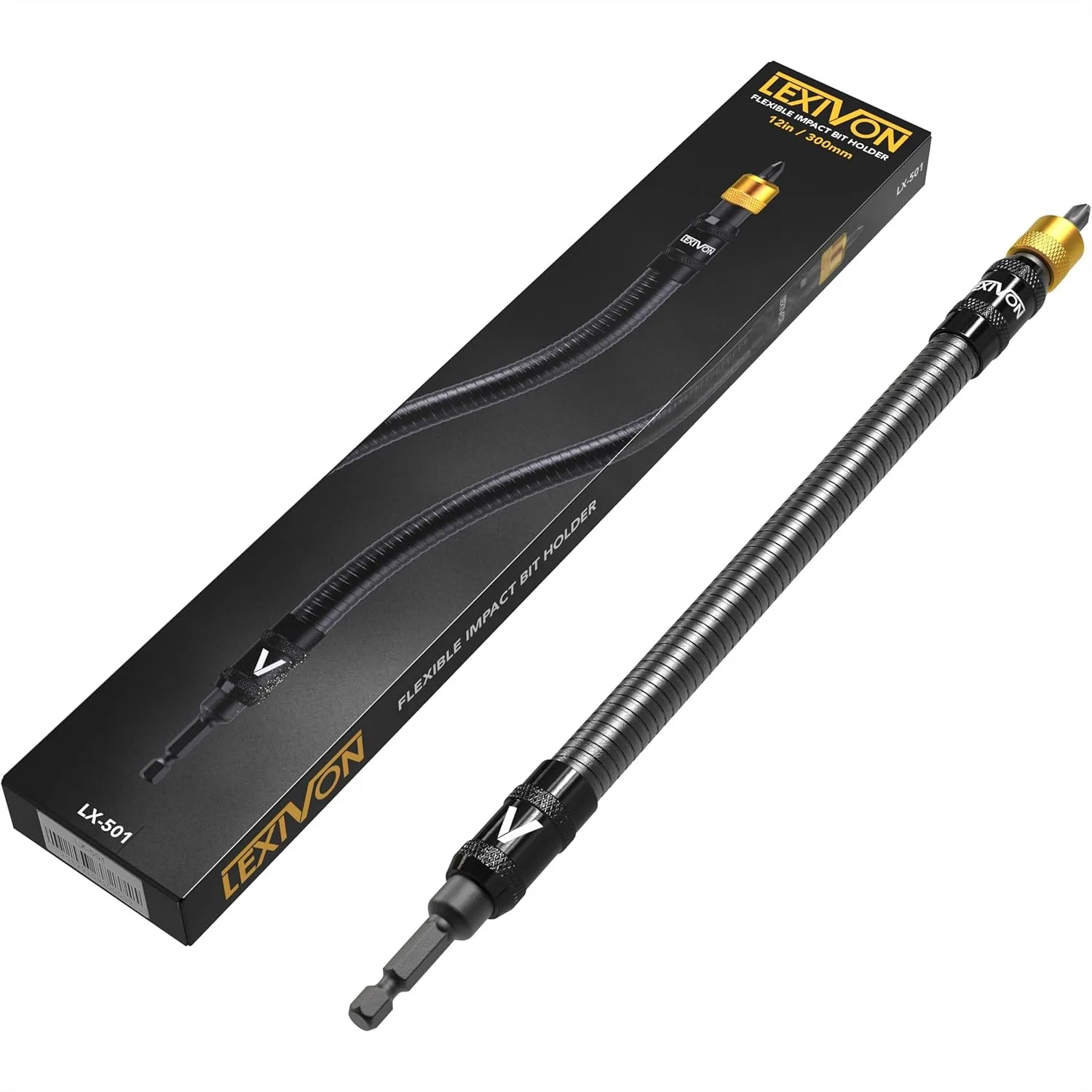 

Drill Bit Holder with 12-Inch Flexible Extension, Quick-Release Hex Shank for Tight Spaces | High-Speed 3600 RPM & Durable Steel