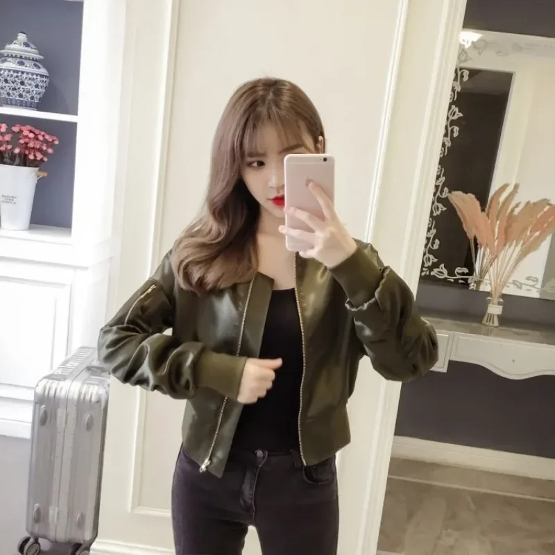 Hot Bomber Jacket for Women Short Slim Skinny Spring Autumn PU Leather Baseball Aviator Coat Woman Pretty Korean Reviews Clothes