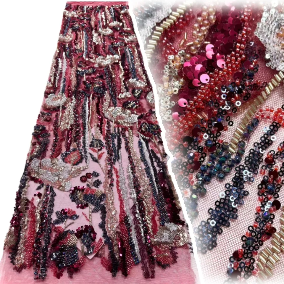 สีแดงคุณภาพสูงแอฟริกันทำด้วยมือลูกปัดลูกไม้ผ้าเย็บเลื่อมเย็บปักถักร้อยลูกไม้ไนจีเรียผ้าผู้หญิงชุดแต่งงาน T1424