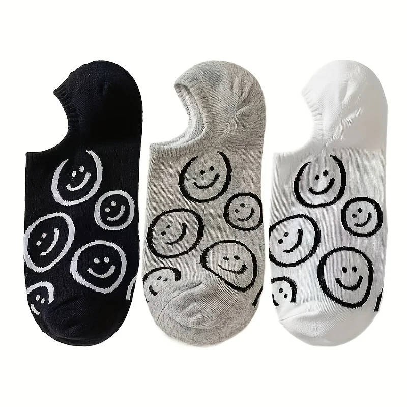 

3-Pairs Women's Solid Color No-Show Socks: Breathable Comfort with Playful Smiley Detail